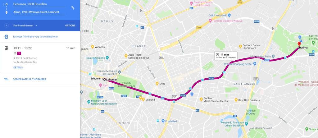 Direction from Schuman to UCLouvain Metro 1 (purple line)
