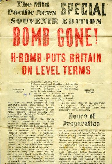 From our local produced and distributed newspaper dated 15th May 1957 an excellent anonymous first hand report of the first (of three) Grapple Bomb experiment over Malden Island 400