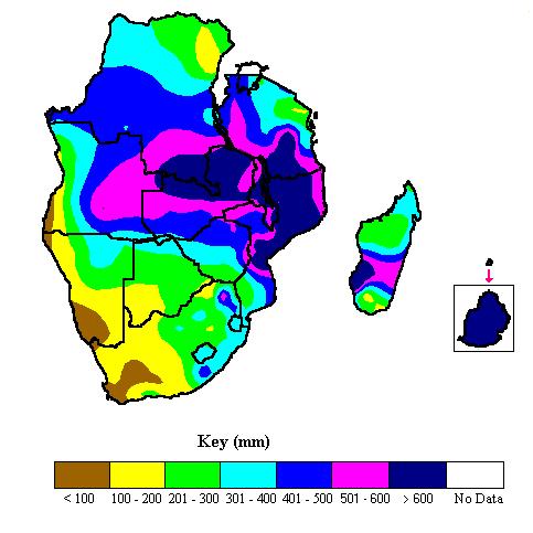 c) Figure 5 Long-term mean rainfall over SADC countries (c) December-January-February (1961-2000) and (d) January-February-March (1971-2000) d) The long-term mean for December-January-February