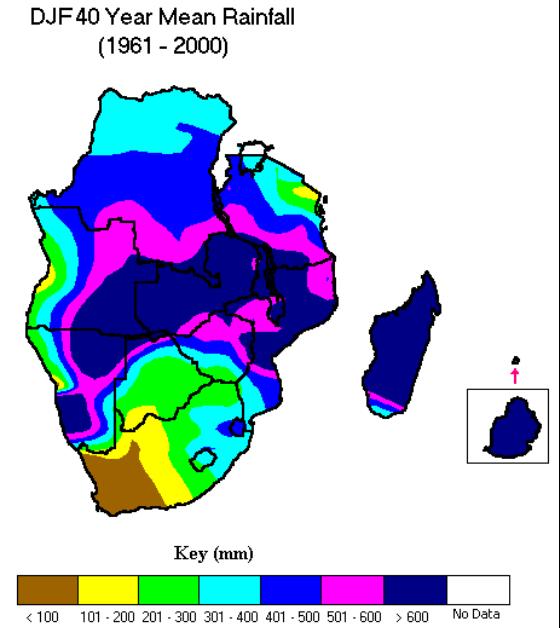 The remainder of the region receives rainfall less than 400 millimetres gradually decreasing south-westwards to southwest South Africa and Namibia where the mean rainfall is below 100 millimetres.