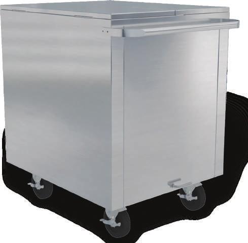 24 Stainless Steel Carts 28 Stainless Steel exterior Seamless polyethylene liner with polyurethane insulation Center split hinged lids open to the cart sides Hand style foot-operated drain CC-250 25