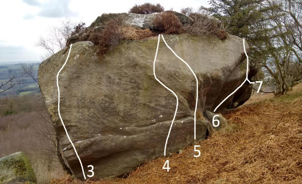 ? * SDS. From the middle seam dyno to the big upper break and maybe a sloping finish. To the right is a proud nose. 3/ Big Fish 7b ***SDS on crimps. Up to more crimps and a big hole.