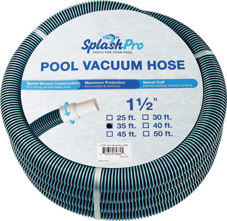 Shrink Wrap with Insert 5/Cs POOL VACUUM HOSE 1½" Spiral-Wound Construction: strong yet lightweight hose Maximum Protection: from sunlight and chemicals Swivel Cuff: prevents twisting, kinking and