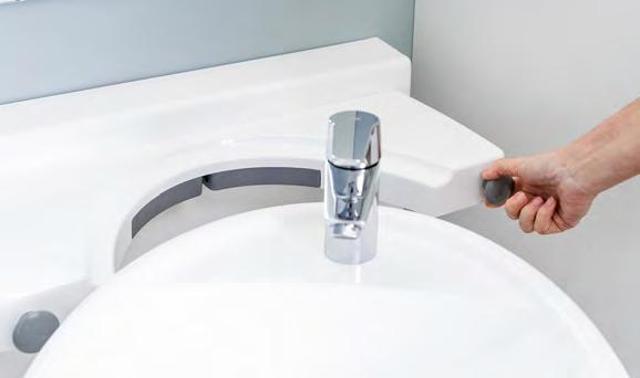 The swing washbasin is also very practical for wheel-chair users. You can move the basin when required, e.g. push the washbasin to the corner when you need extra room for turning the wheelchair.