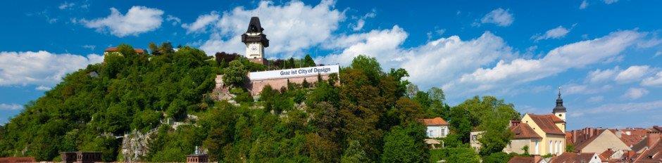 Next to the terminus of the funicular railway there is a hilltop restaurant with views of western Graz.