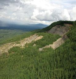 jpg Yohin Ridge north of the South Nahanni River consists of uptilted layered limestones and shales, forested with trembling aspen, white spruce, paper birch and lodgepole pine in this image.
