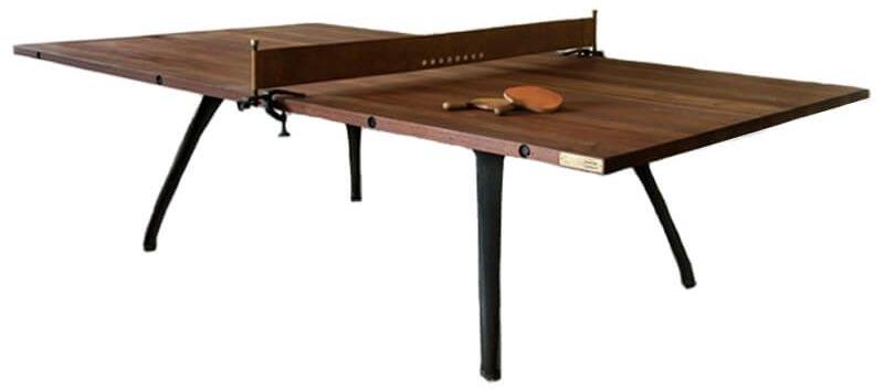 Striking and resilient, the gaming table features a pedestal base rendered from reclaimed cast iron machine parts with a hard-fumed oak playing surface.