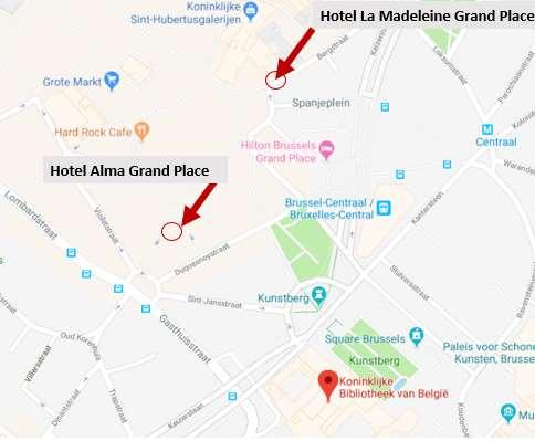 Hotels Accommodation suggestions Below you can find a few suggestions for accommodation in central Brussels: Hotel Alma Grand Place Brussels *** This hotel is located 200m from the conference venue.