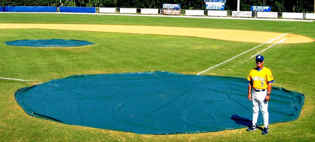 Page 6 BASEBALL TARPS Wind Weighted RAIN COVERS They stay put in high winds without stakes or sandbags.