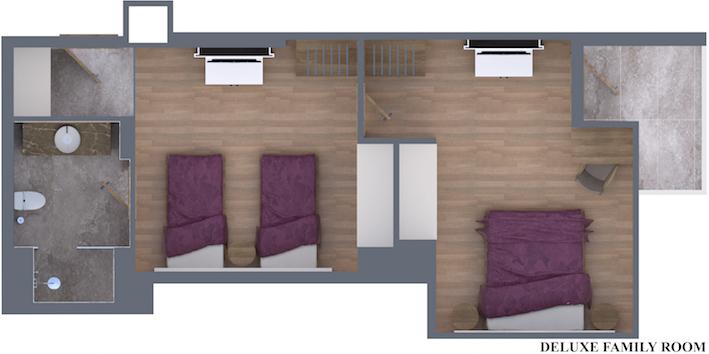 DELUXE GARDEN FAMILY ROOM (Gross 40 m2) The rooms of this category are located on the ground floorof the blocks and consist of 2 bedrooms with a connecting door, 1 bathroom and a terrace.