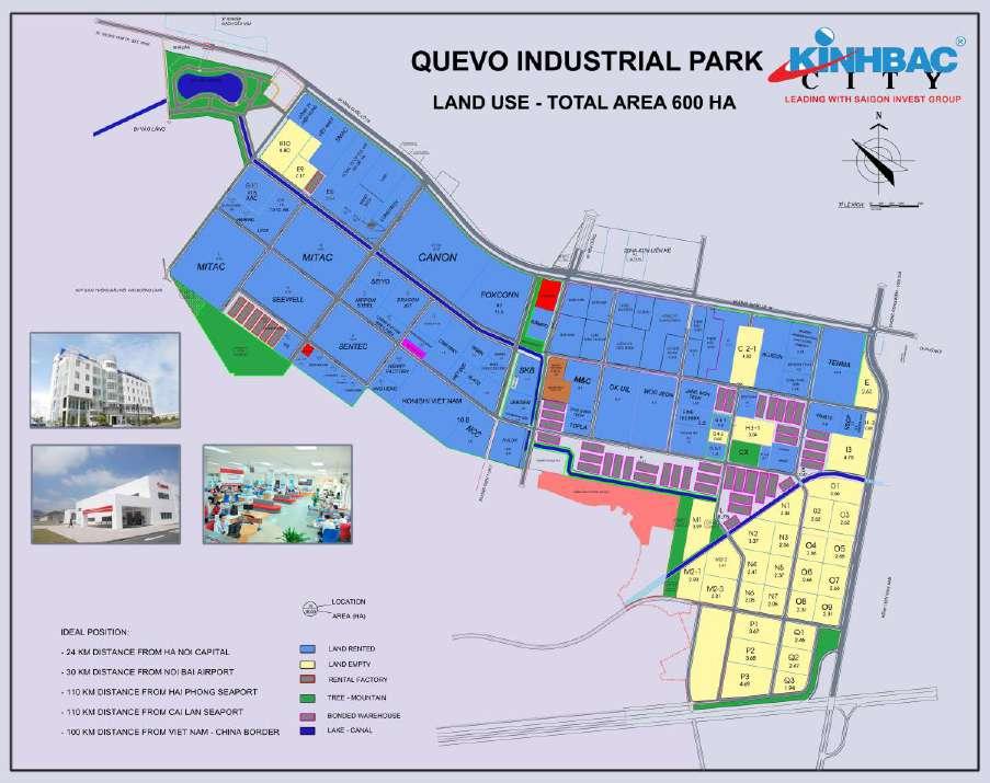 1.QUE VO IP- BAC NINH PROVINCE * Total area:611 ha - Phase 1: 97% occupied - Phase 2: 67 % occupied * Total factory floor area for lease and sale:200,000m2 * Typical investors: - Phase 1: