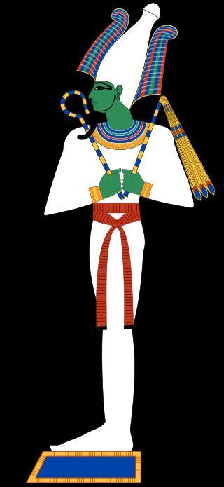 SD-CP-SS-40 This Egyptian god is commonly depicted as a pharaoh wearing the Atef crown with two curling ostrich feathers and carrying the crook and flail.