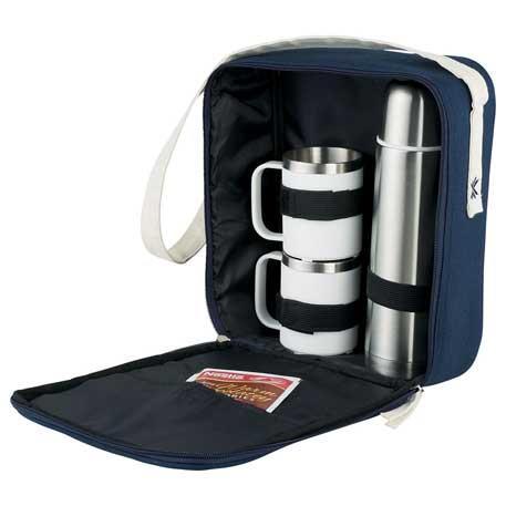 Cotton case features designated pocket for insulated bottle and hook & loop straps to secure mugs in place.