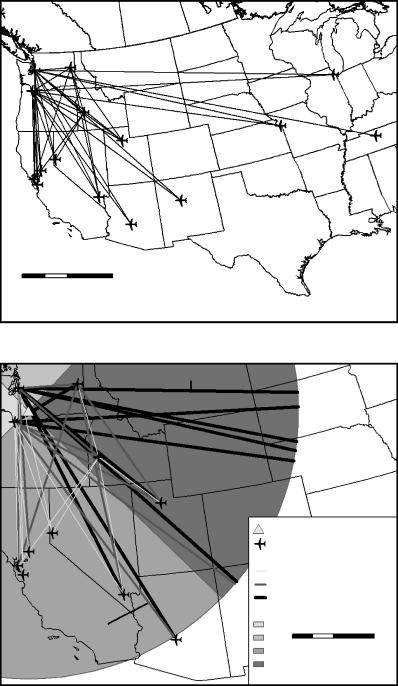 GIS-Based Indices for Comparing Airline Flight-Path Vulnerability to Volcanoes 83 A Figure 4 (A) Interpolated flightpaths for Southwest Airlines connecting to cities in the northwest United States,
