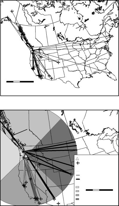 GIS-Based Indices for Comparing Airline Flight-Path Vulnerability to Volcanoes 81 A Figure 3 (A) Interpolated flight paths for Alaska Airlines connecting to cities in the northwest United States, and
