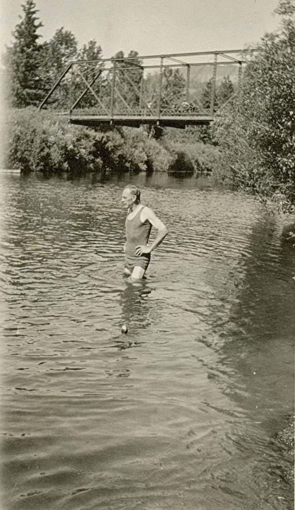 Swimming in the Middle Fork Feather River at the Denten Bridge, August 22nd, 1926. This material is provided at the request of the Plumas County Public Works.