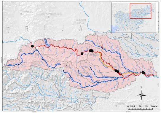 Vzorčna mesta na reki Dravi z ocenjenim ekološkim stanjem po modulu hidromorfološka spremenjenost/splošna degradiranost. Figure 4.
