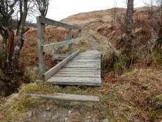 None due to rocks and trees NN338208 88cm wide wooden footbridge,
