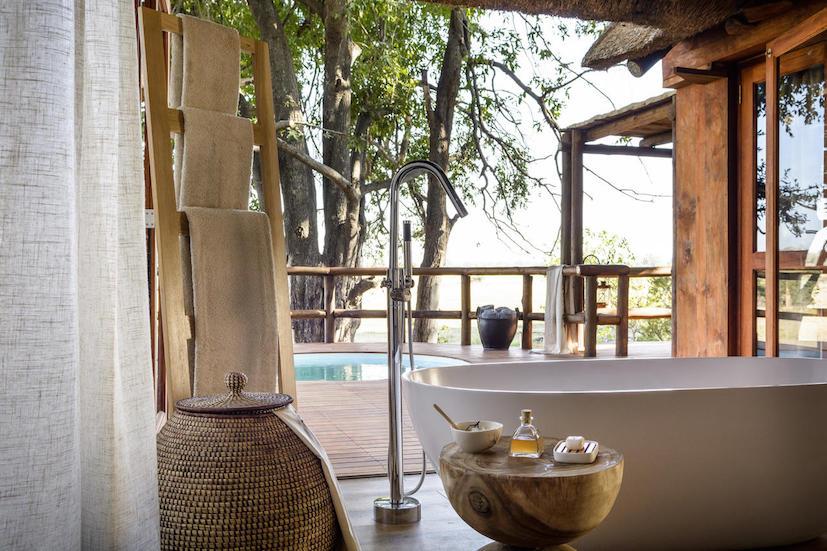 The ten luxury thatch and tented bush suites are nestled in a jackalberry and sausage tree woodland, each boasting their own private dining area, outside seating area, plunge pool, and beautiful