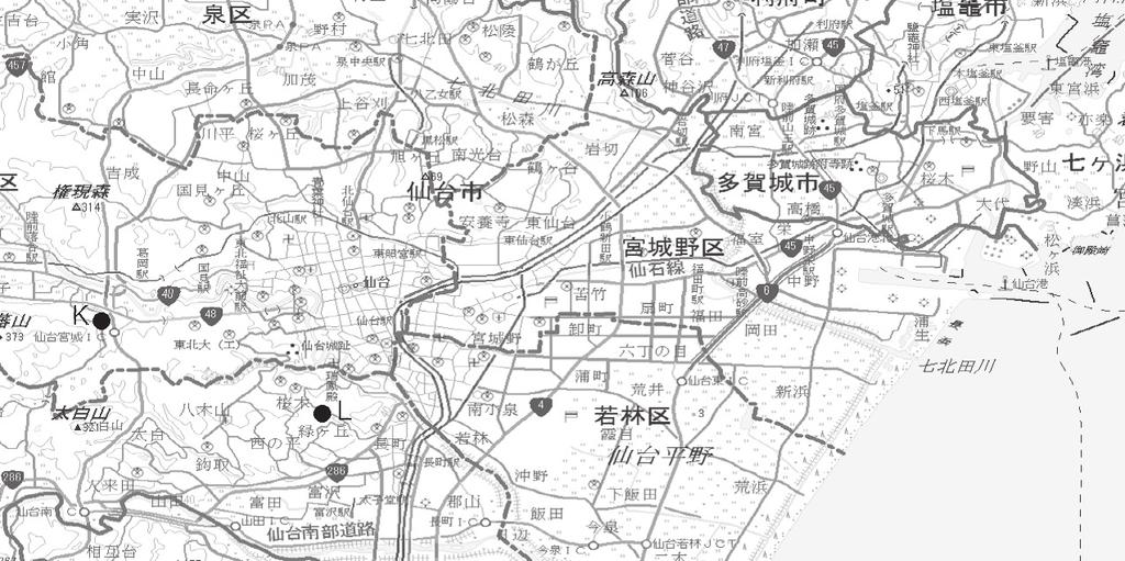 仙台市内の住宅地変状の調査地点 ( 国土地理院 電子国土 7 万