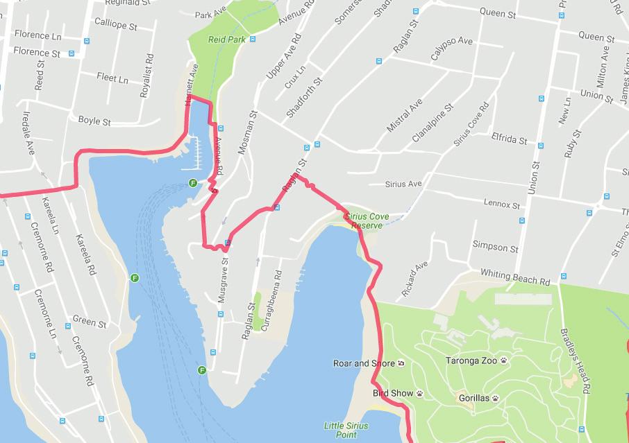 Continue around bay to Avenue Road At Mosman Wharf you can find drinks and toilets Just before Mosman Wharf take stairs to left up to Mosman Street Cross the road and take the ramp up to Mosman