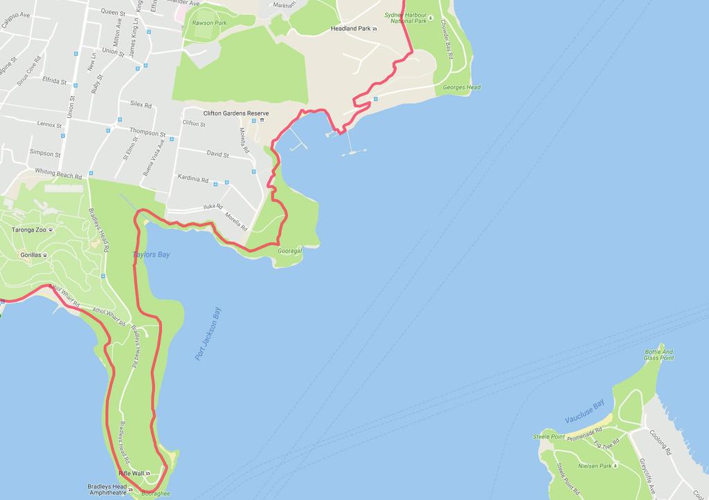 Continue on Athol Wharf Road to Bradleys Head and Chowder Bay Track on right Follow track down to HMAS Sydney Mast Stay on main track to Chowder Head and Clifton Gardens Cross Clifton Gardens onto