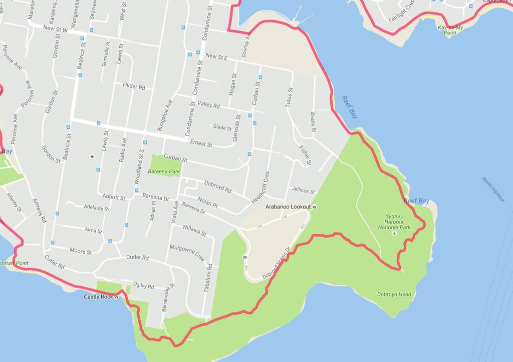 Take Monash Avenue out of the Reserve Continue on Monash Avenue to end. Head down path towards water to Manly-Spit Walk.