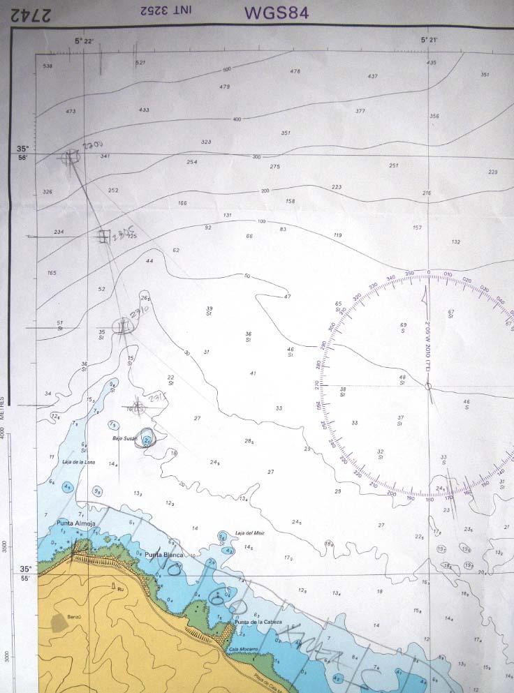 4.4 Detection of the Susán shoal According to data from the AIS 5, the ship left the coverage area of chart 1448 at 22:34 and reentered chart 2742 at 22:54.