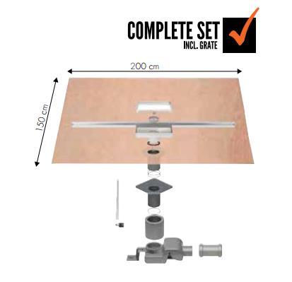including: grate, trap body, drainage Syphon and pre-assembled sealing membrane (200 x 150 cm) with WPS technology (Water Protection System).