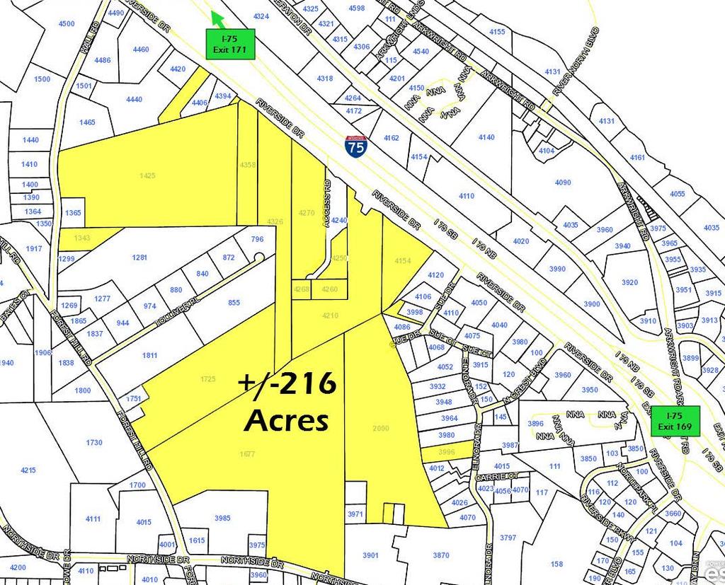 FOR SALE: LARGEST CONTIGUOUS TRACT IN NORTH MACON Approximately 216 contiguous acres Owner will divide (ask Agent for details) Mixed use zoning (commercial, residential and multi-family) Water and