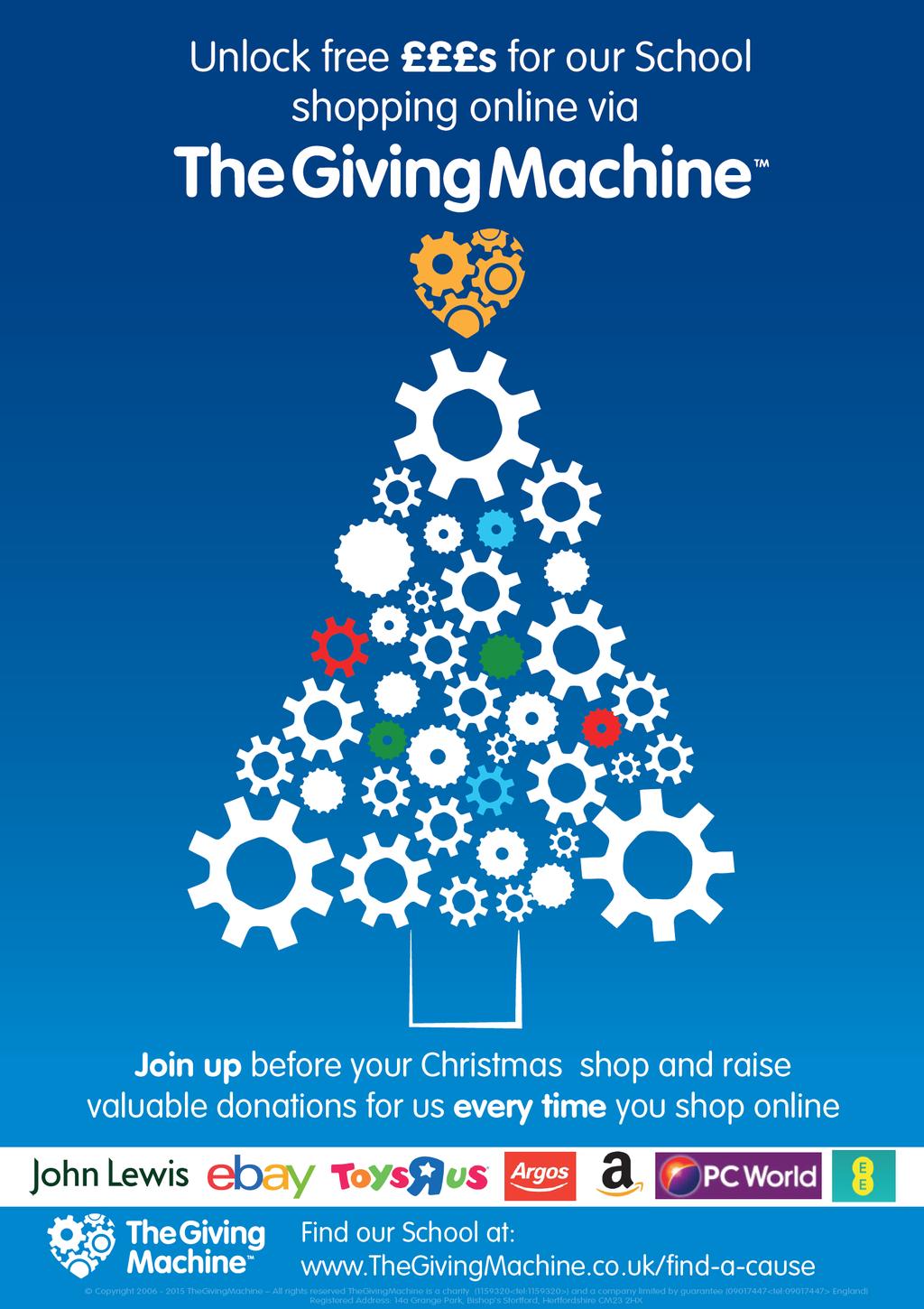 Remember! When you are buying Christmas presents online, make sure that you generate a free cash donation with every purchase via www.thegivingmachine.co.uk.