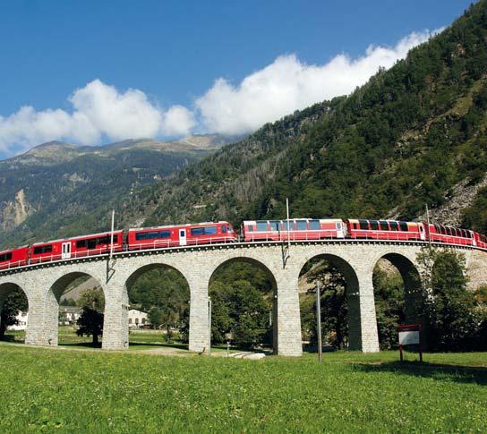 Bernina Bus The train climbs to an impressive 2,223m to the Bernina Pass and offers breathtaking views from the comfort of the panoramic carriages as you ride over graceful viaducts, beside galleries