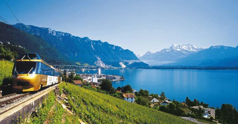 A leisurely 2 hours through the stunning Simmen Valley and past Gstaad culminates in a dramatic descent through Les Avants to Lake Geneva. GoldenPass Line First and second class seating is available.