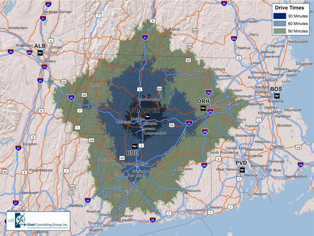 AIR SERVICE OVERVIEW Catchment Area and Alternate Airports Westover Metropolitan Airport is located in the heavily populated Northeast Corridor and is located within reasonably short drives of large