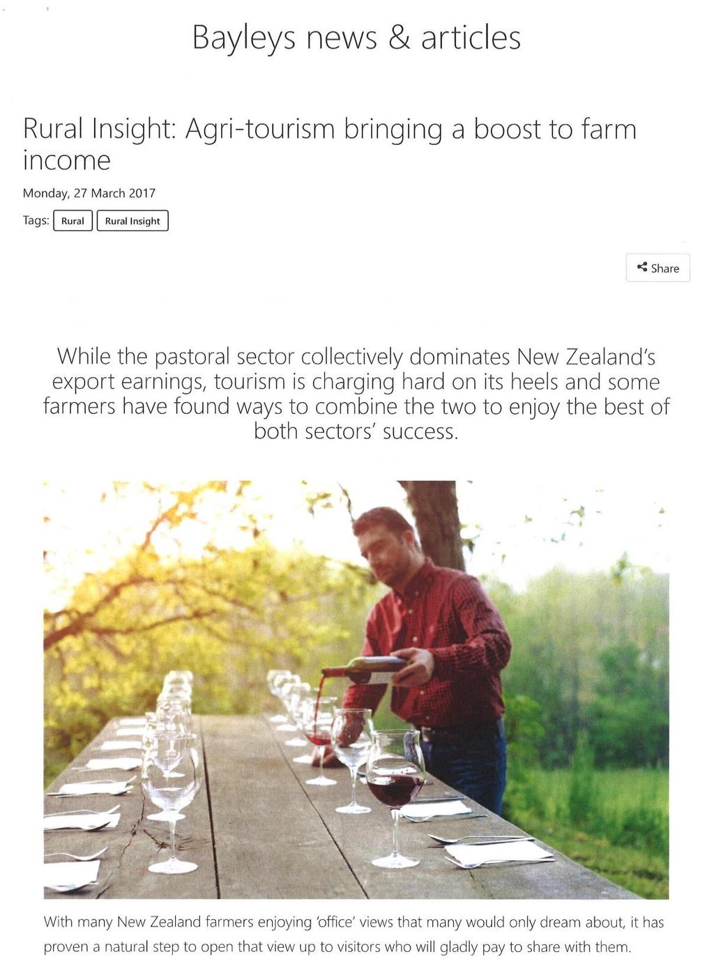 Agritourism in New Zealand A 20 th century feature of NZ tourism 1980s saw a flowering of agritourism - radical neoliberal restructuring and farm subsidy removal = Agritourism for economic survival