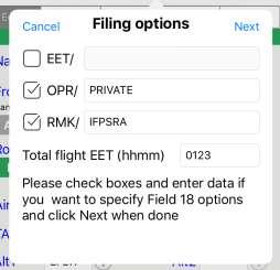 Entering Flight Plan options Clicking on the File button will request filing.