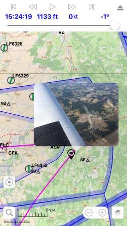 Selecting layers and Satellite mode In the same way than when planning a flight, the layers button at the bottom right allows to select the aeronautical overlays to be displayed on the map during