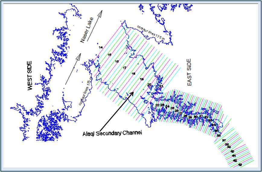 2 DATA COLLECTION 2.1HydrographicSurvey Figure 2. Alaqi secondary channel surveyed cross sections Three Hydrographic Survey Teams were assigned to collect hydrographic data.