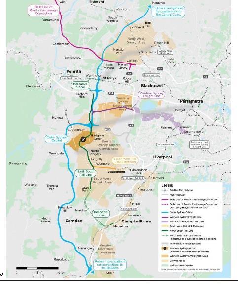 a). This shows two of the major north-south transport routes serving the Western City the M9 Outer Sydney Orbital (in blue) which links the Hunter Central Coast Western City and the Illawarra with