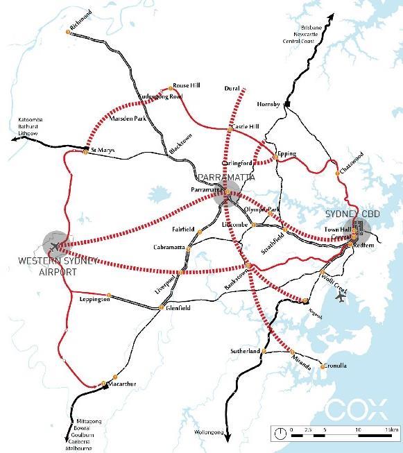 To conclude, the rail lines serving the Three Cities are shown each with a specific focus on the Central City centres, showing the termini as suggested, the Orbital and the Cross Rail linking the
