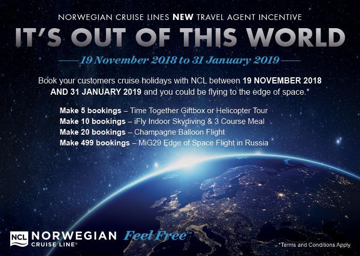 Travel Agent Incentive terms and conditions: Cruise Line Cruise Incentive applies to all new individual qualifying bookings only made by appointed travel agents between 15 November 2018 and 31
