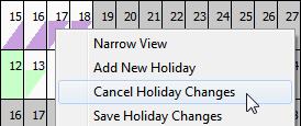 Holiday from the pop-up menu. The entire holiday group will highlight in purple. Click the calendar with your mouse to add or remove holiday days or half days until the booking appears as required.