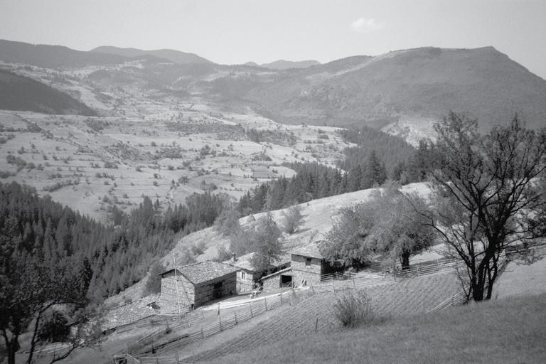 Figure 4 A closer view of the Rhodope landscape reveals scattered stone buildings along with hay meadows and potato fields of village farmers.