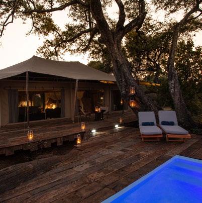 Decking in front of the tent leads to a private plunge pool with views of the calming and peaceful lowing waters of the Zambezi River.