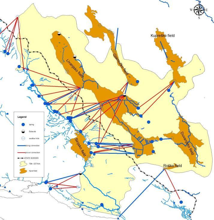 Figure 7.9 Tracing tests within the TBA at Cetina Groundwater flow directions within the TBA at Cetina are exclusively from B&H to Croatia.