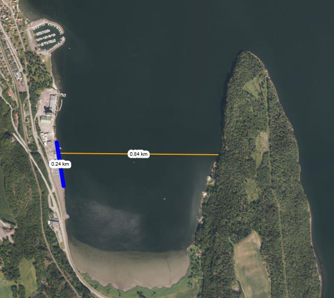 12 DEVELOPMENT OF NEW TIMBER TERMINAL Figure 10: Location Mulvika, Holmestrand (width of bay approx. 840 m. The new berth is shown, l=240m) 6.