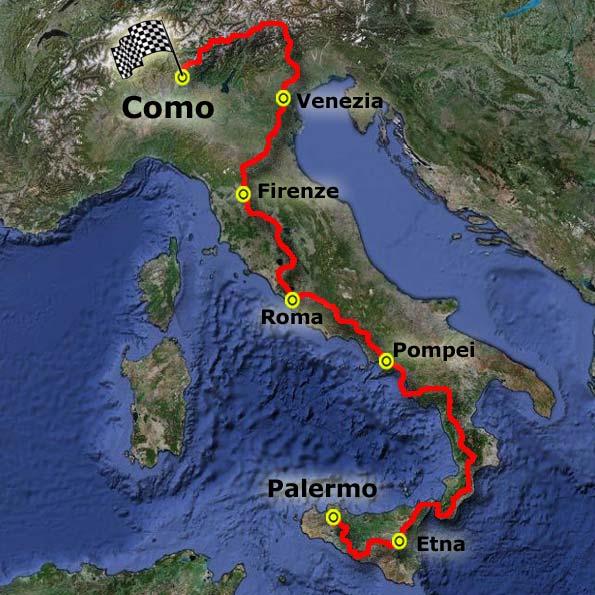 The Route The whole route has been divided into 28 cycling stages and 7 rest days in Taormina, Sibari, Pompeii, Rome (2), Florence and Venice.