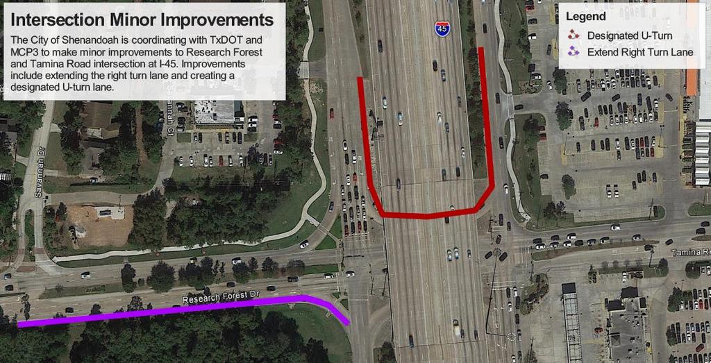 Research Forest/Tamina Road Minor Improvements Create a designated lane for the U-turn (similar to Rayford Sawdust U-turn) Add lane delineators to
