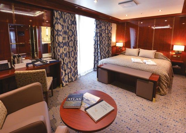 She offers an exclusive and stylish base for adventurous exploration in Antarctica. Suites in eight different categories of accommodation are spacious, with premium appointments throughout.