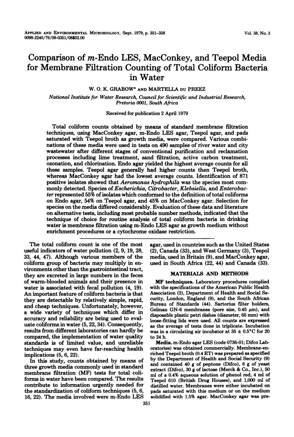 APPLIED AND ENVIRONMENTAL MICROBIOLOGY, Sept. 1979, p. 351-358 0099-2240/79/09-0351/08$02.00 Vol. 38, No.